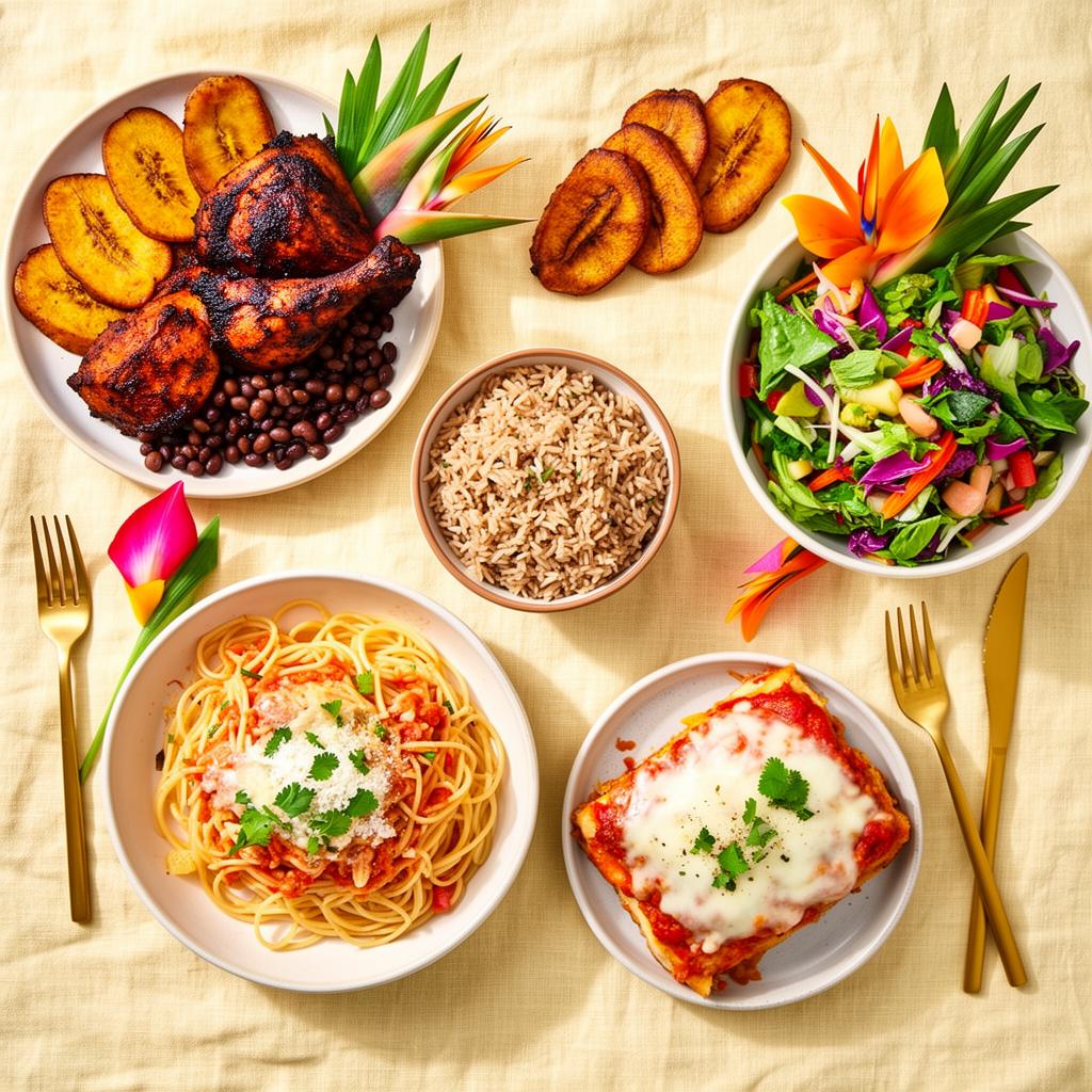 Overhead flat lay of Caribbean-American dishes including jerk chicken, plantains, salad and pasta