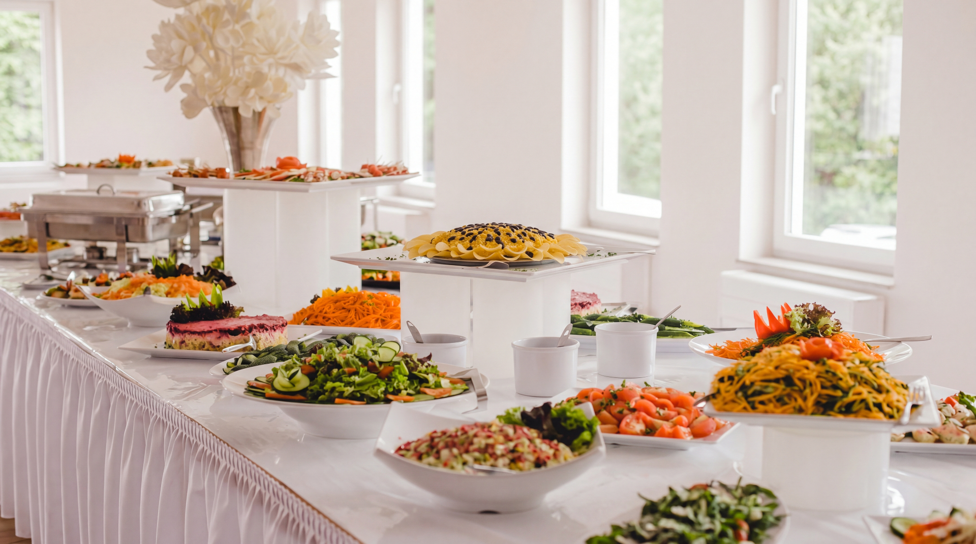 Fresh & Exotic buffet spread with salads, sides, and exotic dishes
